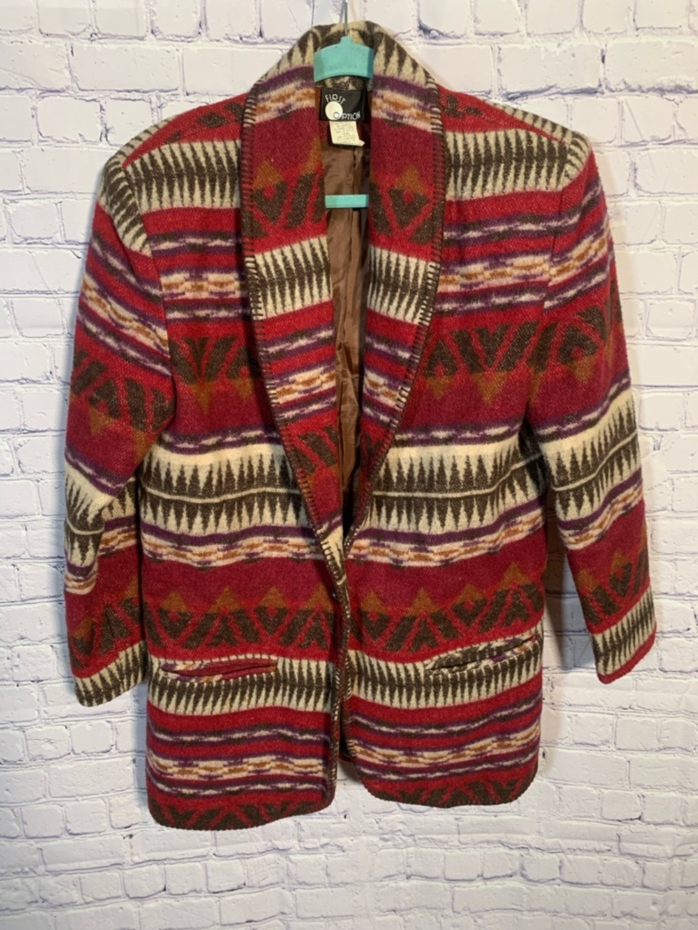 First Option Womens VTG Southwestern Wool Blend Blazer Jacket Red Size S Western